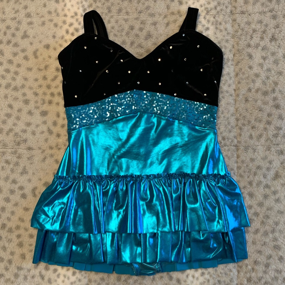Shiny costume with velour bust & rhinestones.